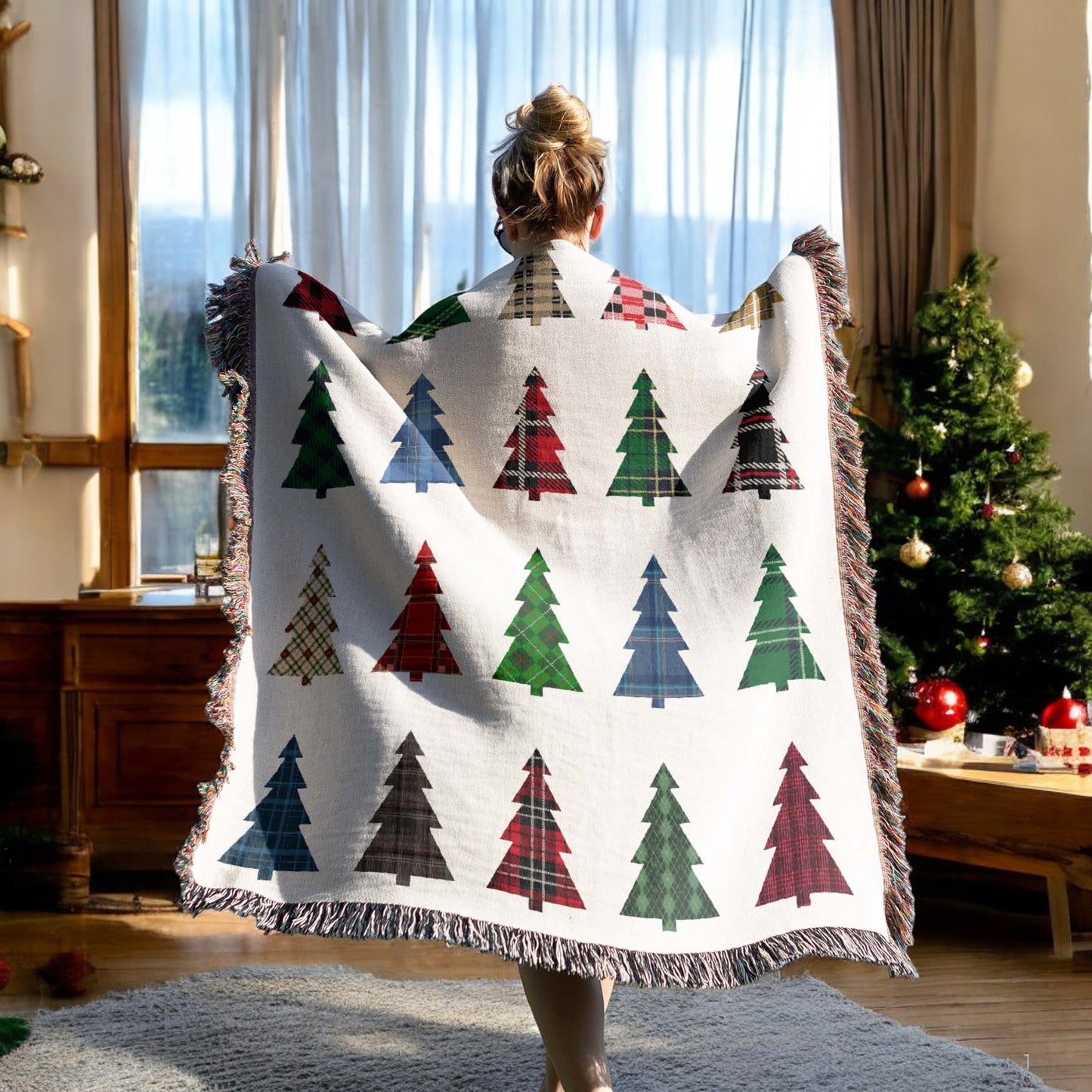 Plaid Christmas Trees Woven Blanket